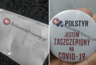 Plakietki i opaski jestem zaszczepiony, maseczki tylko dla niezaszczepionych. Człuchów - ciąg dal